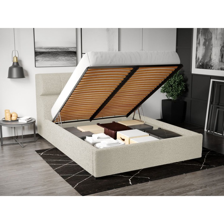 Pat Tapitat, 160x200, Galileo cu somiera rabatabila si lada - Alb/Coral 15