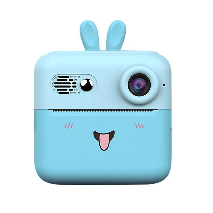 Camera Instantanee pentru Copii, cu Functie de Printare, Cablu USB-C, Bluetooth, Compatibil iOS/Android, Imprimare APP, Model Iepure, Snur de Agatat Inclus, Albastru