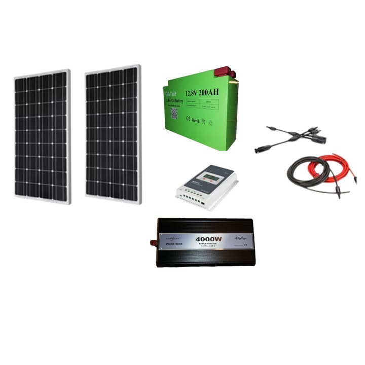 Sistem panouri fotovoltaice Rulota/Cabana 360 W (2 panouri 180 W), pe 12 V cu invertor 4000 W, regulator/controller solar Epever 30A si baterie LiFePO4 litiu 200Ah, Solid Volt