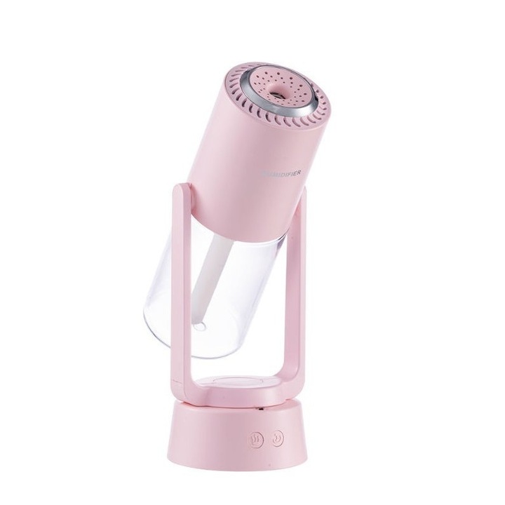 Hordozható ultrahangos párásító és légtisztító, 200 ml-es tartály, negatív ionokkal, 7 színű LED, 360 fokos forgatás, rózsaszín