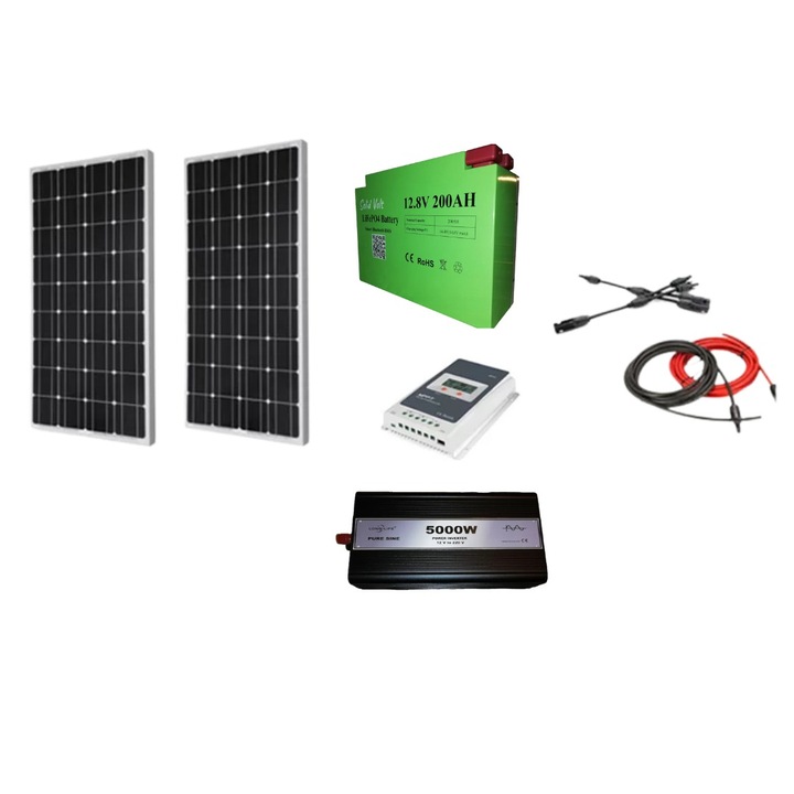 Sistem panouri fotovoltaice Rulota/Cabana 360 W (2 panouri 180 W), pe 12 V cu invertor 5000 W, regulator/controller solar Epever 30A si baterie LiFePO4 litiu 200Ah, Solid Volt