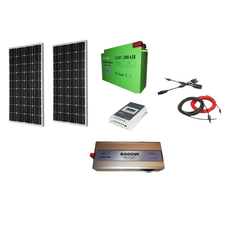 Sistem panouri fotovoltaice Rulota/Cabana 360 W (2 panouri 180 W), pe 12 V cu invertor 8000 W, regulator/controller solar Epever 30A si baterie LiFePO4 litiu 200Ah, Solid Volt