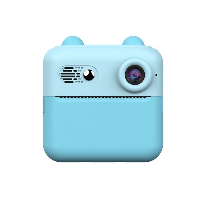 Camera Instantanee pentru Copii, cu Functie de Printare, Cablu USB-C, Bluetooth, compatibil iOS/Android, Imprimare APP, Model Urechi, Snur Subtire Inclus, Albastru