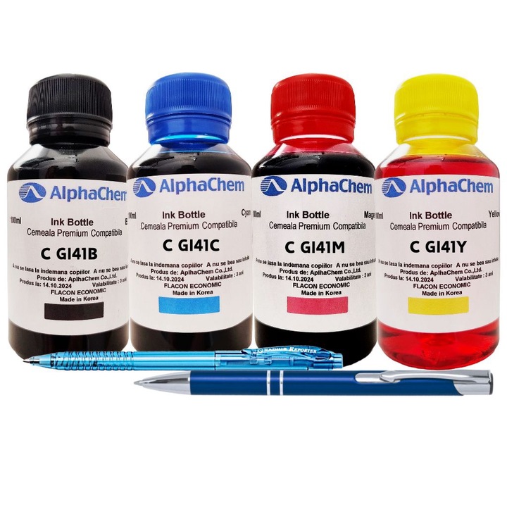 Set Flacoane Cerneala Compatibila Canon GI41 1x100ml Black, 1x100ml Cyan, 1x100ml Magenta, 1x100ml Yellow, Pix cu mecanism si Pix CNX226