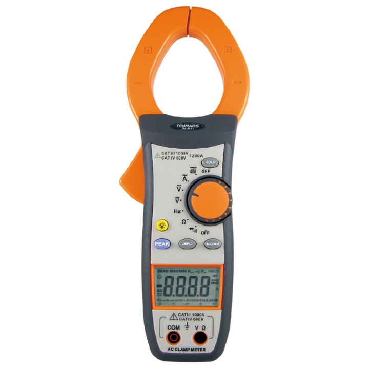 АС Амперклещи Tenmars Taiwan, модел TM-3011, CAT III 1000V, 1200A, сертификат за калибрация, черен и оранжев цвят