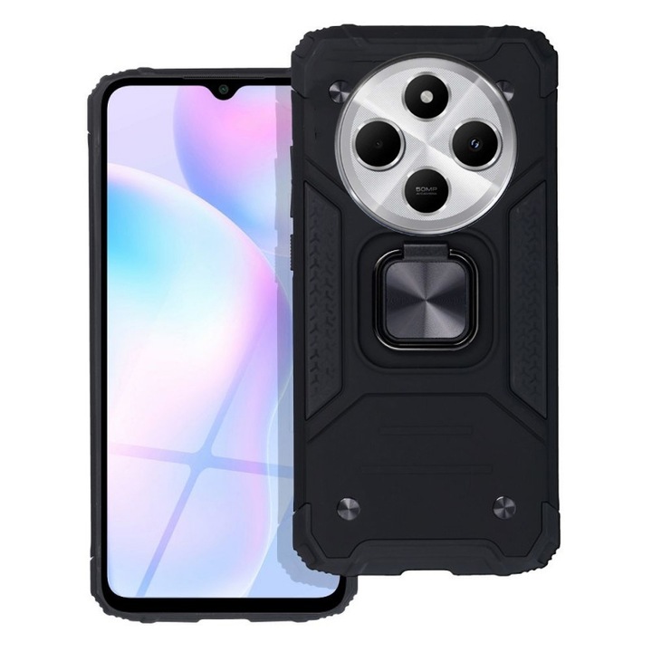 Xiaomi Redmi 14C kompatibilis telefontok - Nitro Ring Armor - fekete gyűrűs, kitámasztható, ütésálló műanyag hátlaptok