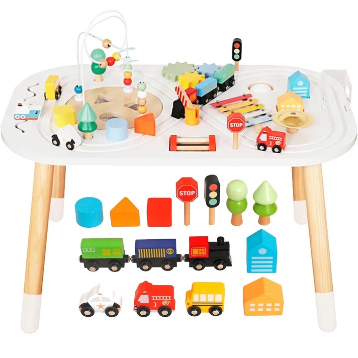 Masa Multifunctionala din Lemn, LikeSmart Activity Table 10 in 1, Saculet Depozitare, Diverse Activitati Montessori, 74.5x44.5x64 cm, Alb