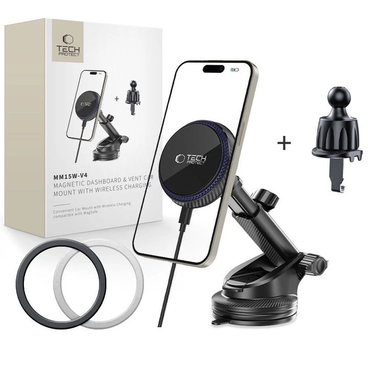 Suport auto, Tech-Protect Magnetic 2 in 1, Compatibil MagSafe, Incarcare Wireless, 15W, Negru