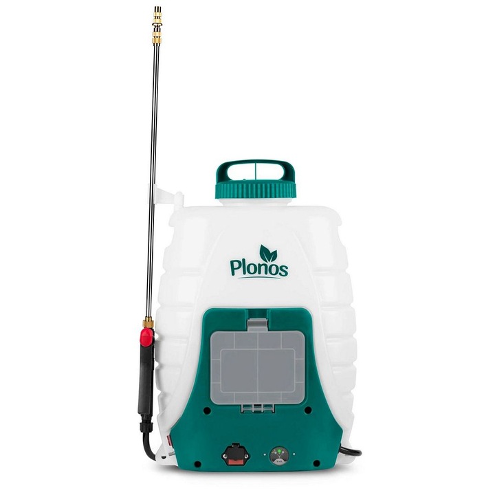 Пръскачка с акумулаторна батерия, оловно-киселинна, 12 V, 8 Ah, скорост на двигателя 2800 - 3200 об/мин, 0,10-0,45 Mpa, двоен филтър, 8 различни дюзи, копие с 4 дюзи 108,5 см, 18 л, 54 x 36 x 19 см