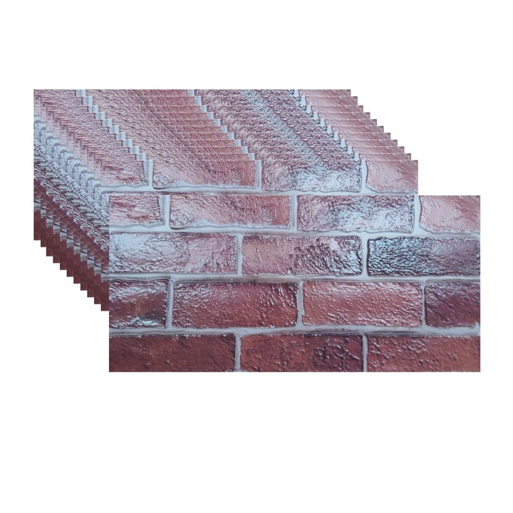 Комплект от 12 декоративни пана, SXP + PVC, самозалепващи се, имитация на тухлена мозайка с релефна текстура, Naimeed D2949-модел-5, 60x30x0,5 см, Червен