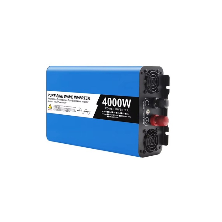 Инвертор Easun, 12V, 4000W, чиста синусоида за фотоволтаични панелни системи, каравани, къмпинг, с двоен контакт, син