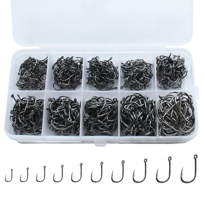 Set 500PCS Carlige Pescuit, Autocise, Otel Carbon, 10 Dimensiuni, Negru, 5-14#