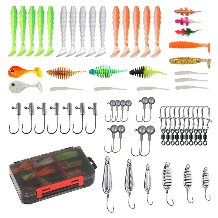 Set de nade si momeli 75PCS, organizator dublu, 17.5x10.5x4cm, pentru apa dulce si sarata