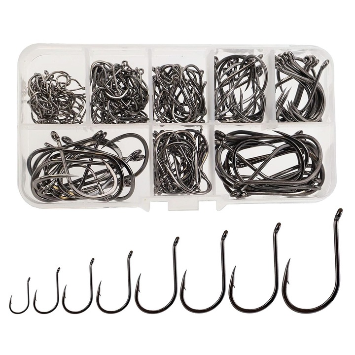 Set carlige pescuit, 220pcs, 6#-22#, carbon, negru