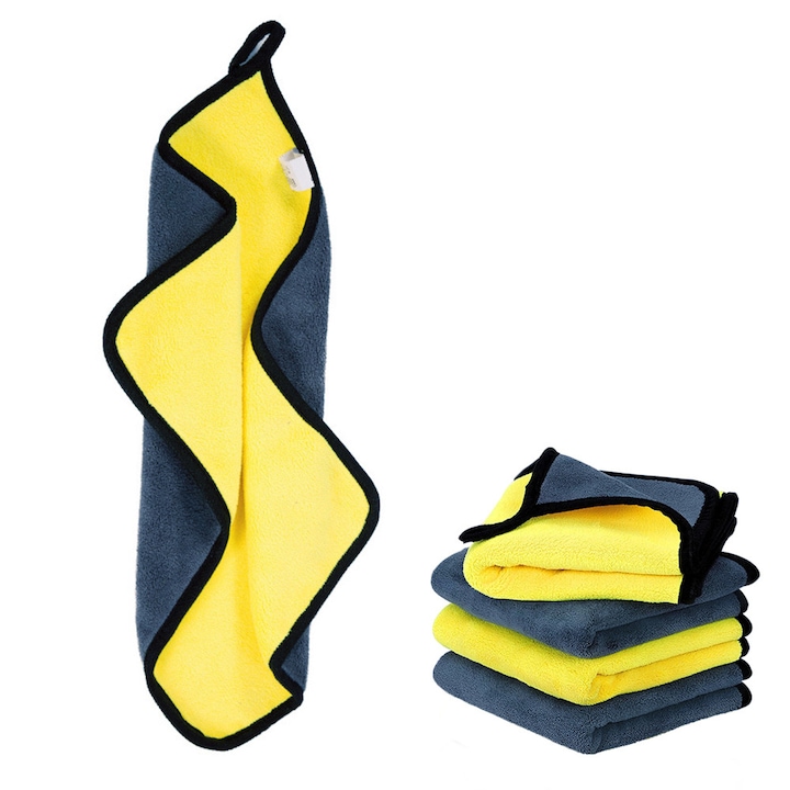 Set prosoape din microfibra pentru masini, 5 bucati, 30x40cm, galben/gri, 600gsm, absorbtie ridicata, fara scame