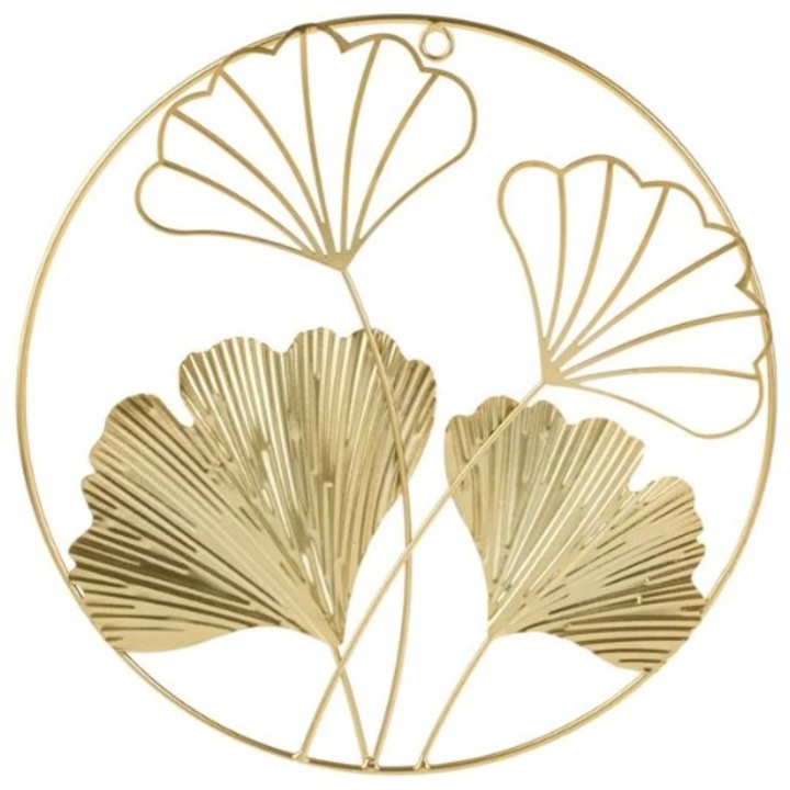 Decoratiune Metalica de Perete Rotunda cu Flori de Culoare Aurie 30cm