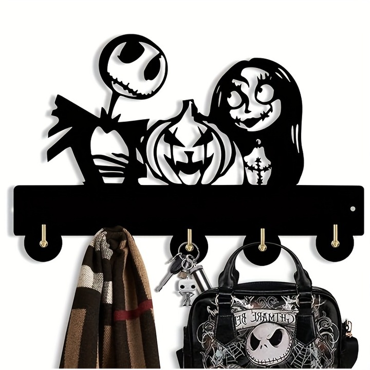 Carlig decorativ din lemn, kinglive, model dovleac, negru, pentru 5 obiecte