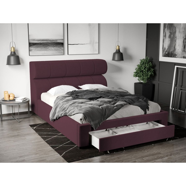 Pat Tapitat, 160x200, Galileo cu Somiera si Sertar, Mov/Riviera 69