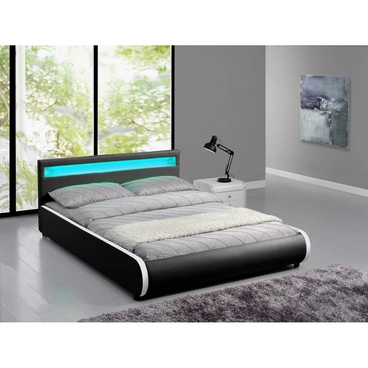 Pat Tapitat, MOBATELIER®, 160x200 Cm, Pat Tapitat Cu Iluminare LED RGB Si Telecomanda, Cadru Lemn MDF Metal Rezistent, Suport Saltea Inclus Cu Sipci Durabile, Tablie Tapitata Confortabila, Design Modern Dormitor, Piele PU Usor De Intretinut, Negru