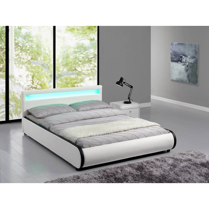 Pat Tapitat, MOBATELIER®, 160x200 Cm, Pat Tapitat Cu Iluminare LED RGB Si Telecomanda, Cadru Lemn MDF Metal Rezistent, Suport Saltea Inclus Cu Sipci Durabile, Tablie Tapitata Confortabila Design Modern Dormitor, Piele PU Usor De Intretinut, Alb