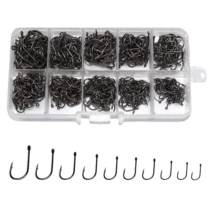 Set carlige pescuit 300PCS, Autocise, 10 tipuri, 3#-12#, negru