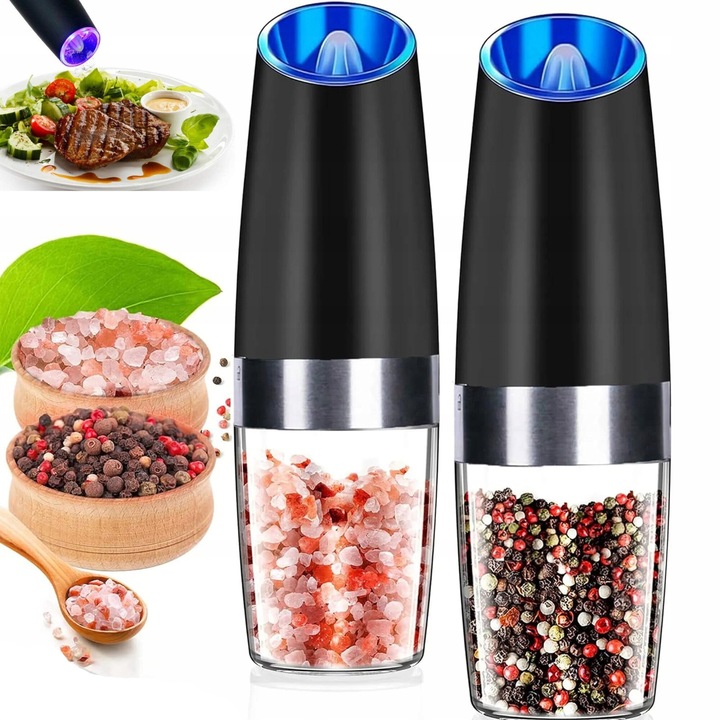 Set 2 Rasnite Electrice Gravitationale LikeSmart Electric Grinder, Senzor Inclinare, Austare Macinare, Iluminare LED, Mecanism de Macinare Ceramic, 50ml, Negru