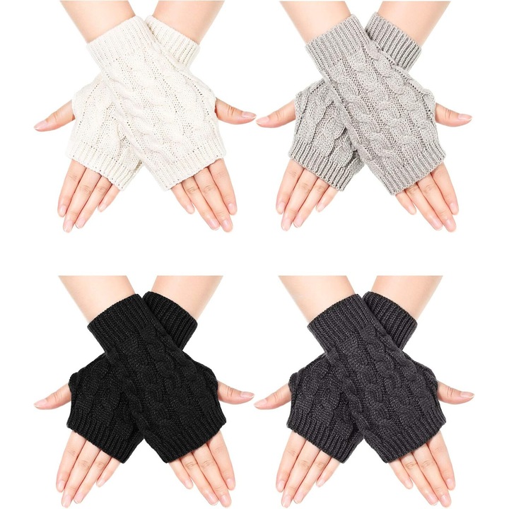 Комплект от 4 чифта ръкавици без пръсти за жени, черни, бели, тъмносиви, светлосиви