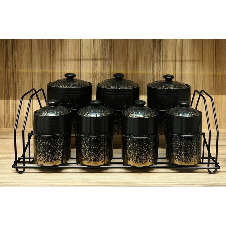Set de 7 Recipiente pentru Condimente din Portelan cu Suport de Metal, Negru Auriu