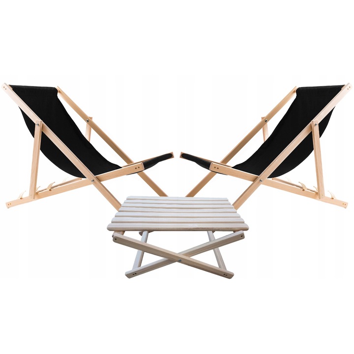 Set 2 sezlonguri cu masuta Woodok, negru-bej