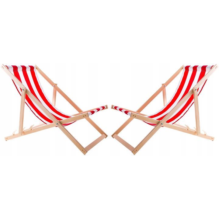 Set 2 sezlonguri cu masuta Woodok, alb-rosu-bej
