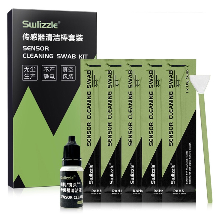 Комплект за почистване на сензори, 5 пръчки за почистване, 1 бутилка почистващ разтвор, антистатичен, 125x16 mm
