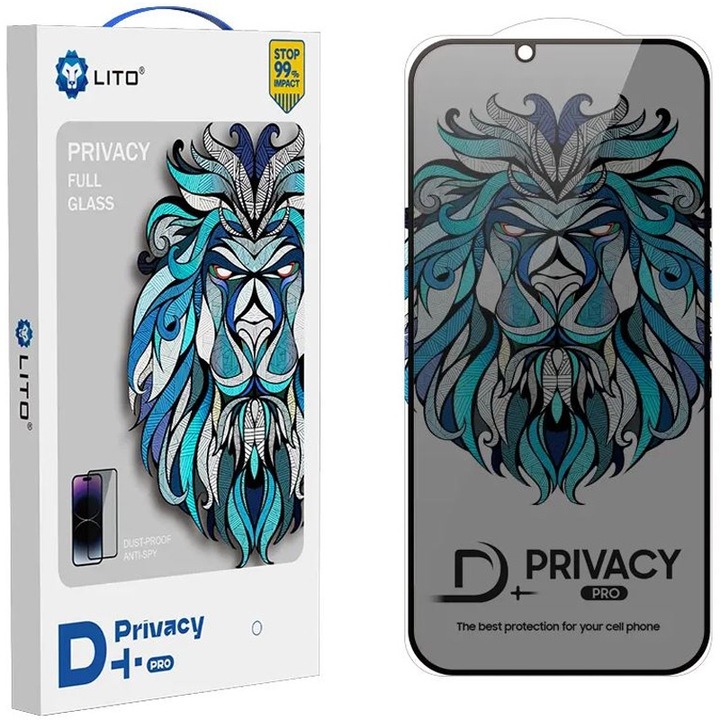 Фолио за поверителност Lito D+Pro, стъкло, пълна защита 9H за iPhone 16 Pro Max, извити ръбове, черно