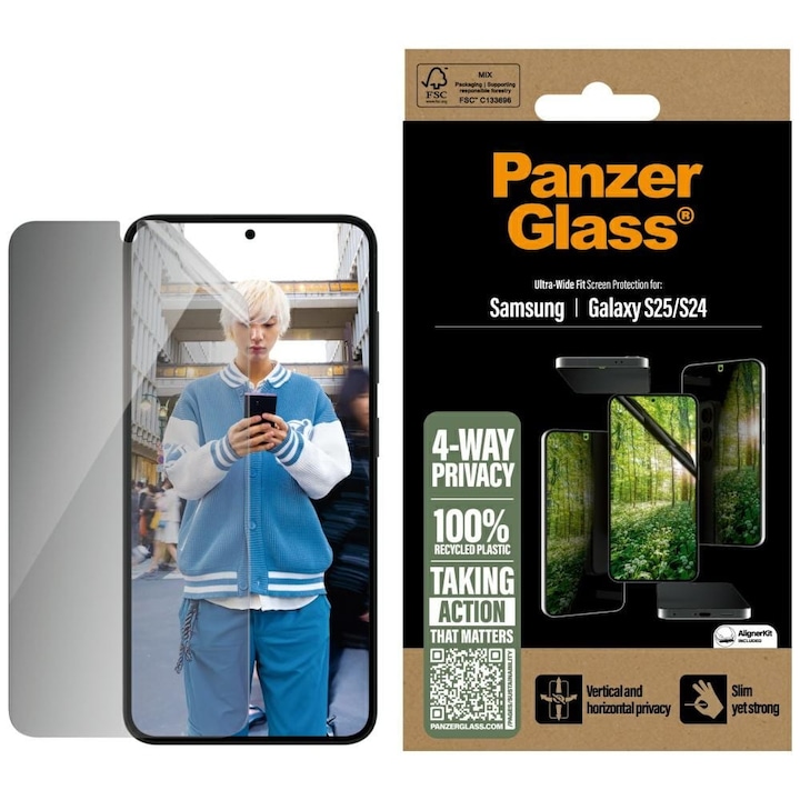 Adatvédelmi üveg PanzerGlass Matrix Ultra-Wide-Fit Easy Aligner kompatibilis Samsung Galaxy S25 / S24, átlátszó