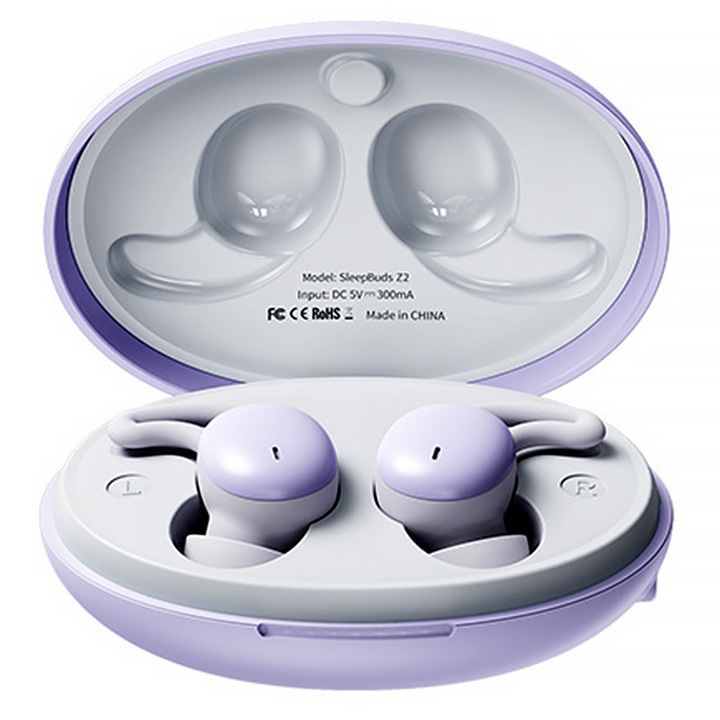 Casti Wireless pentru Somn, Mini, Bluetooth 5.3, Silicon, confortabil de purtat, Senzor Tactil, Set cu Carcasa de Incarcare, 22 ore autonomie, incarcare Type C, Mov