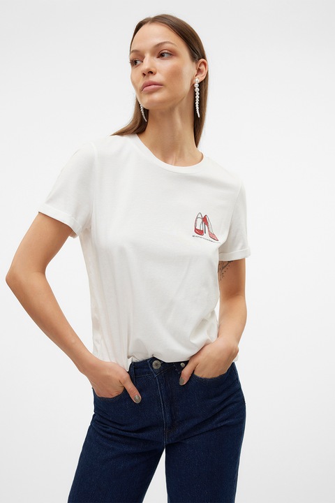 Vero Moda, Тениска от органичен памук с овално деколте, Бял