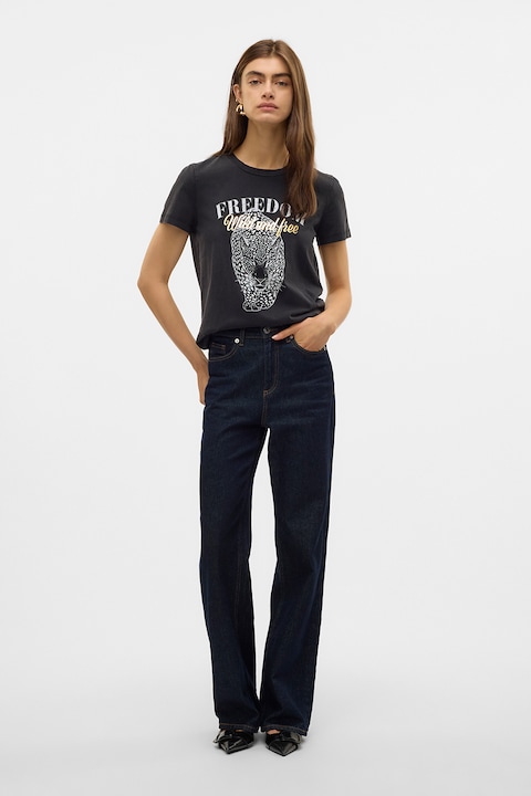 Vero Moda, Mintás organikuspamut póló, Fekete/Világosszürke