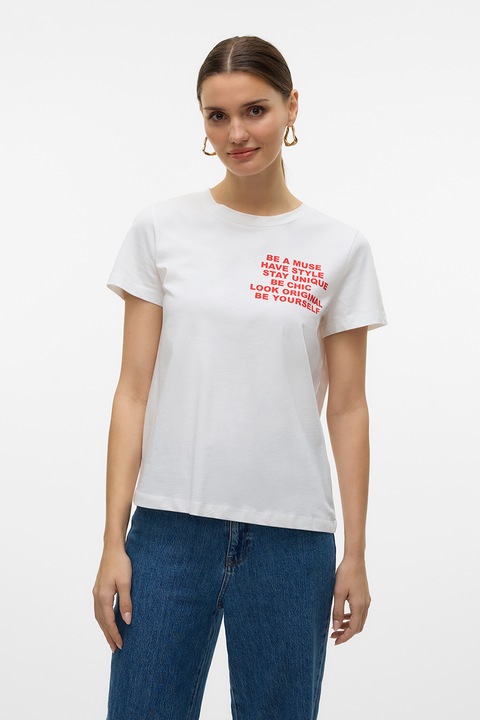 Vero Moda, Tricou de bumbac organic cu imprimeu pe piept, Rosu, Alb, XS