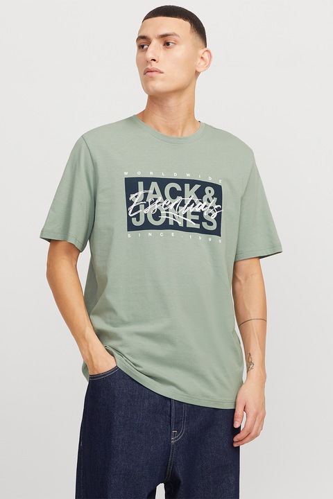 Jack & Jones, Памучна тениска с лого, Тъмносин/Бледозелен