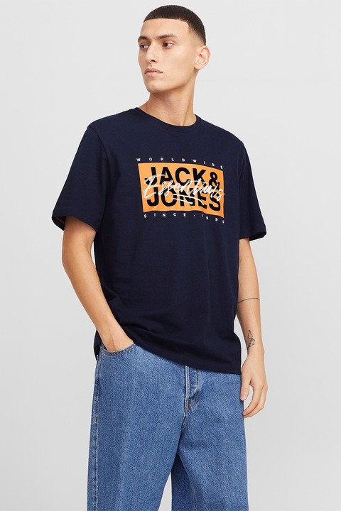Jack & Jones, Памучна тениска с лого, Светло оранжево/Тъмносин