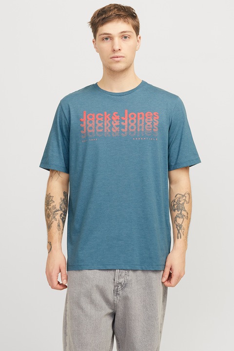Jack & Jones, Тениска с овално деколте и лого, Корал/Светлосин