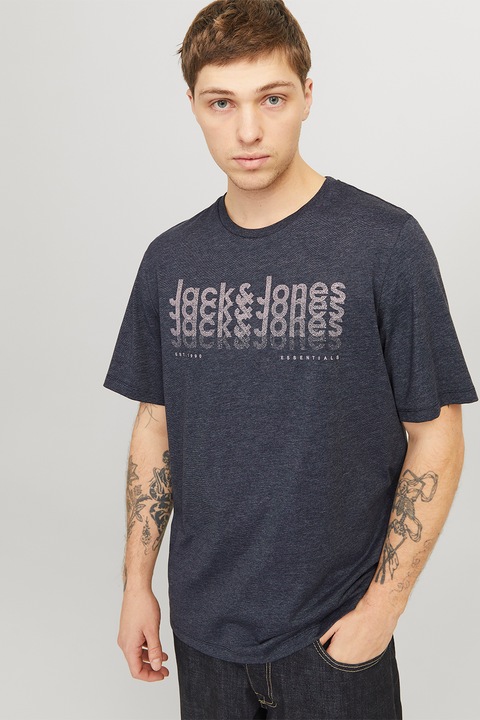 Jack & Jones, Тениска с овално деколте и лого, Ултрамарин синьо