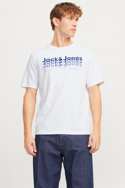 Jack & Jones, Тениска с овално деколте и лого, Тъмносин/Бял