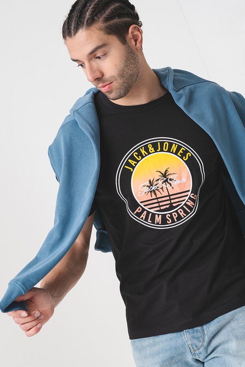 Jack & Jones, Памучна тениска с графика и лого, Черен/Светло оранжево