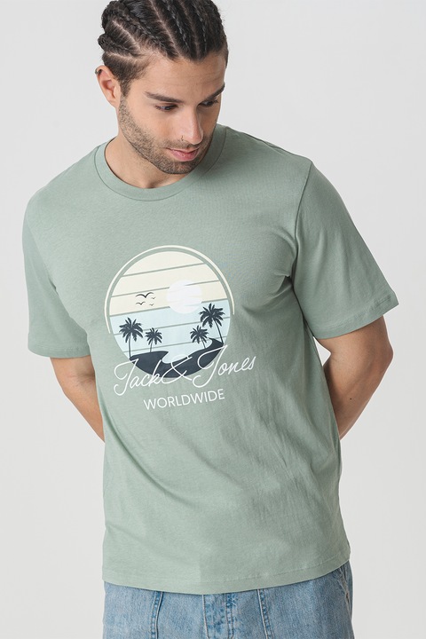 Jack & Jones, Памучна тениска с графика и лого, Бежов/Пепеляво сиво