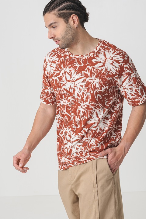 Jack & Jones, Trópusi mintájú pamutpóló, Fehér/Téglavörös