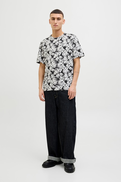 Jack & Jones, Trópusi mintájú pamutpóló, Fekete/Törtfehér