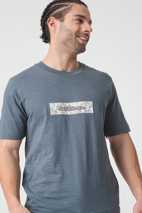 Jack & Jones, Tricou de bumbac cu imprimeu logo, Gri carbune