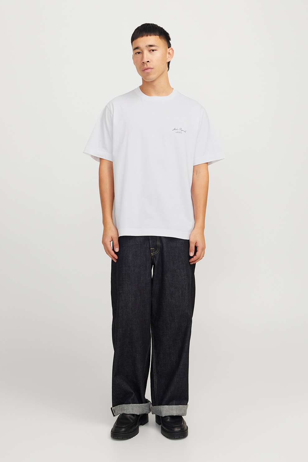 Jack & Jones, Tricou de bumbac cu model grafic pe partea din spate, Alb, Albastru deschis, XL
