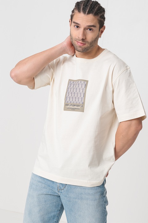 Jack & Jones, Bő fazonú mintás póló, Csontszín/Szürke