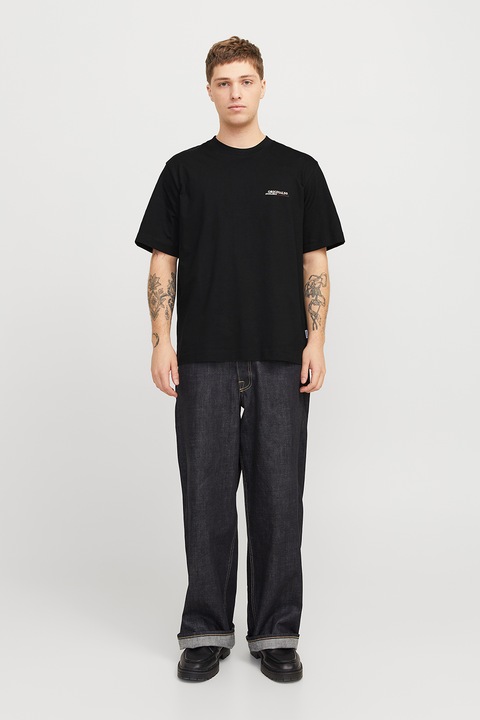 Jack & Jones, Kerek nyakú mintás póló, Fekete/Krémszín